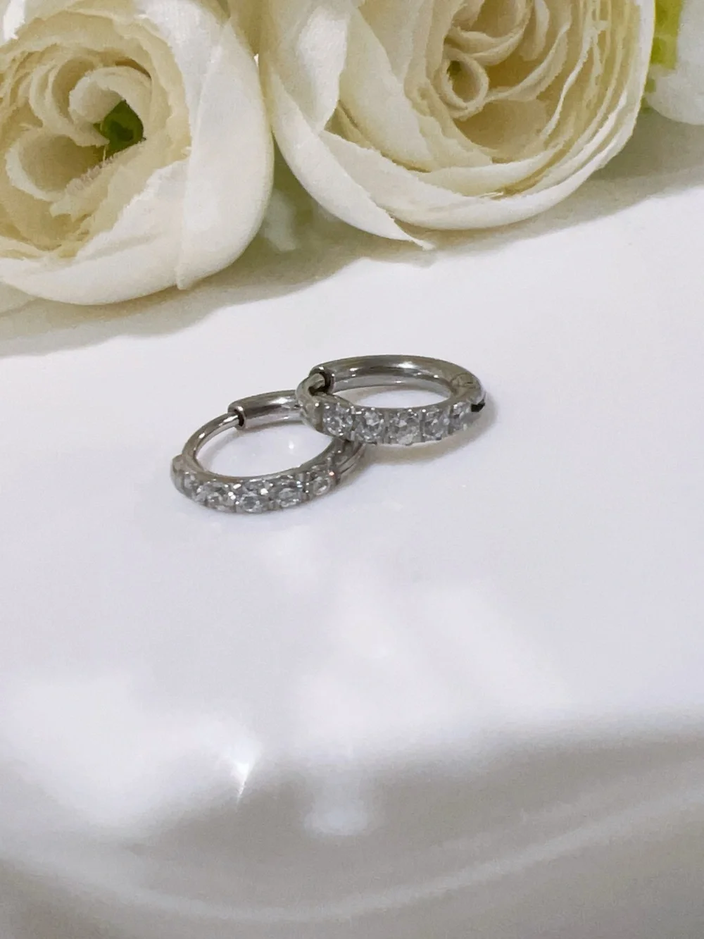 White Gold Plated Huggie Hoop Earrings with CZ stones